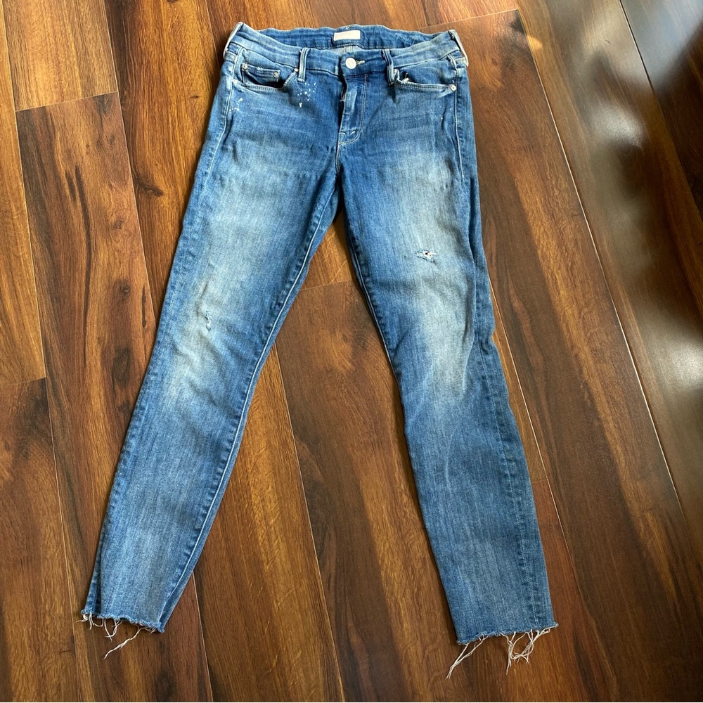 MOTHER Looker Ankle Fray Distressed Skinny Medium Wash 27